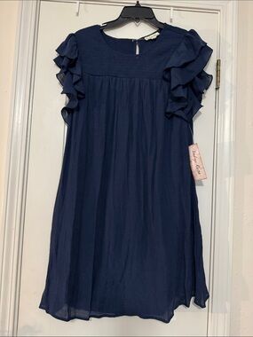 Girls' Navy Ruffle Sleeve Dress